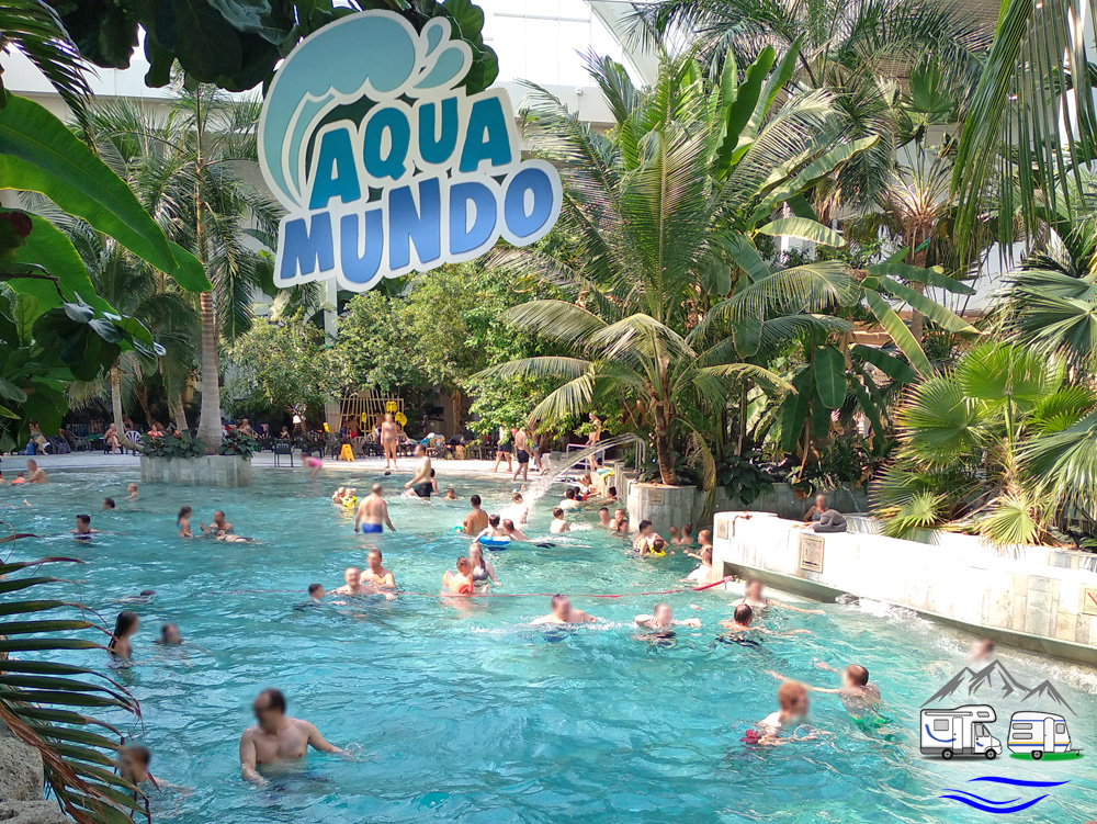 Aqua Mundo Logo über dem belebten Wellenbecken: Das türkis-blaue Aqua Mundo Schriftzug-Logo mit Wellendesign über einem vollbesetzten Schwimmbecken mit Palmen und Glasdach