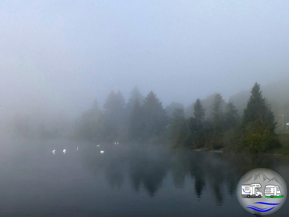 im Morgennebel am Staudamm